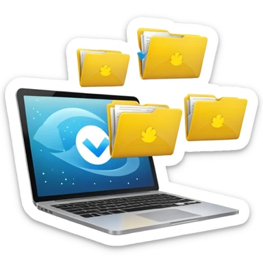 An open laptop with yellow folders containing data flying out. sticker