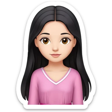 Beautiful girl with very long straight flowing black hair with small waves only at the ends, brown eyes, light skin, slight smile, pink ribbon in hair, and pink dress sticker