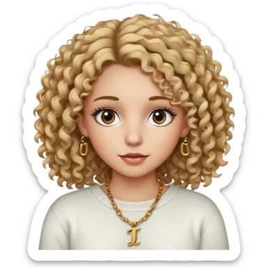 a dirty blonde girl with brown eyes and make her wearing a white sweater and a necklace with I intial with curly hair and white skin color, long hair and big lashes sticker