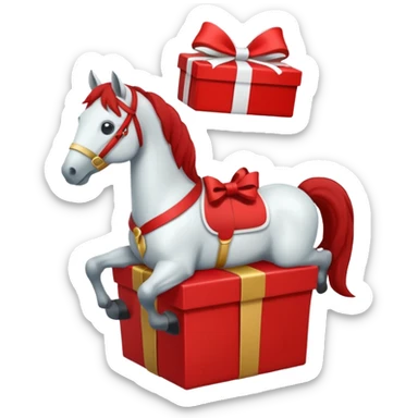 a New Year's horse with a red saddle, which has a red gift box with a white bow on the saddle sticker