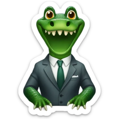 An alligator wearing a suit sitting on a table looking straight sticker