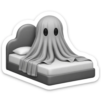 Minimalist emoji-style sticker of a bed with a covered figure and something strange peeking out from underneath. Grayscale only, simple icon.

 sticker