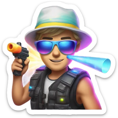 Caucasian boy in glowing rave gear with sunglasses and mask and hat and headlamp and shooting a bubble gun sticker