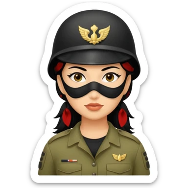 woman soldier with black hair and wearing mask sticker