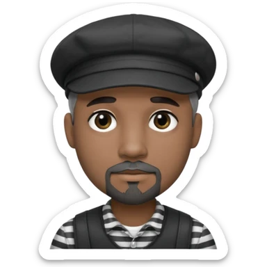 White Man with a dark grey goatee and a black newsboy cap. He is wearing a black and white striped shirt. He is wearing heavy dark black eye makeup sticker