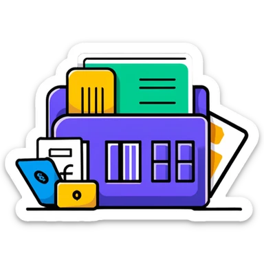 Closed folder icon with small symbols floating around: bank building, credit card, calculator, and document – organized financial archive sticker