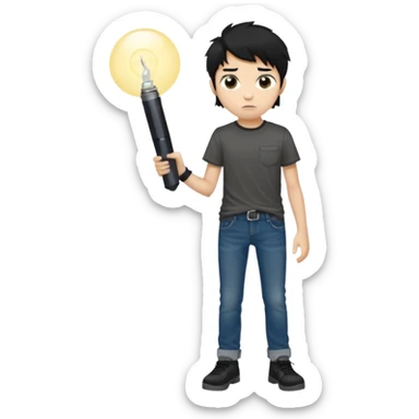  > 15-year-old boy, 165 cm tall, slim build, light tan skin, messy black hair, dark brown eyes with dark circles, wearing a dark t-shirt and faded jeans, holding a small flashlight, expression of curiosity mixed with fear, dim and foggy background, realistic style. sticker