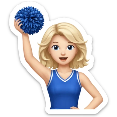 football cheerleader, holding big cheering pom, blue dress and red skin sticker