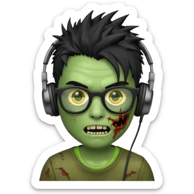 make a zombie iphone emoji with black  glasses, scratches black spiky hair and headphone, green skin
 sticker