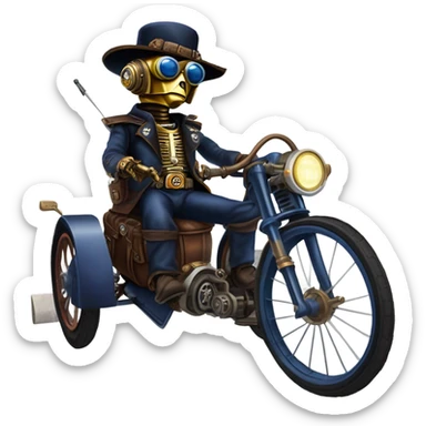 Old west Bounty hunter C-3PO Jedi wearing a pair of navy-blue rimmed steampunk goggles, hat, leather chaps, fringe jacket riding a relaxed sci-fi 3 wheeler trike steampunk rat rod motorcycle with large fenders and saddlebags in desert town  sticker