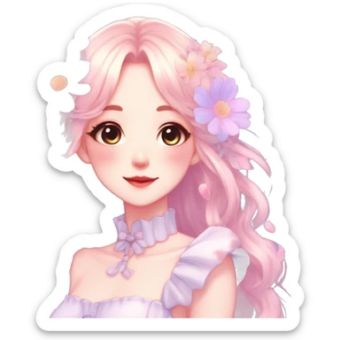 Gorgeous pastel anime style lady with blushing face with flower petals around  cottagecore fairycore pastelcore shiny colorful pearly petite simplistic aesthetic trending style sticker