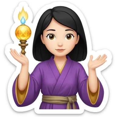 female wizard with black hair in a low bun with both hands palm up sticker