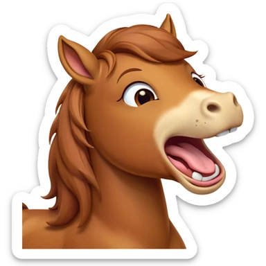 Cinematic Cute Yawning Chestnut Horse Portrait Emoji, Head tilted slightly with a dramatic, wide-open yawn, revealing a smooth chestnut fur with a subtle shimmer, floppy ears slightly drooping, round amber eyes barely open in drowsy contentment, Simplified yet irresistibly adorable features, highly detailed, glowing with a soft, cozy glow, high shine, relaxed yet expressive, stylized with a touch of equine whimsy, bright and endearing, soft glowing outline, capturing the essence of a sleepy yet affectionate horse, so drowsy it feels like it could stretch out of the screen and curl up for a nap! sticker