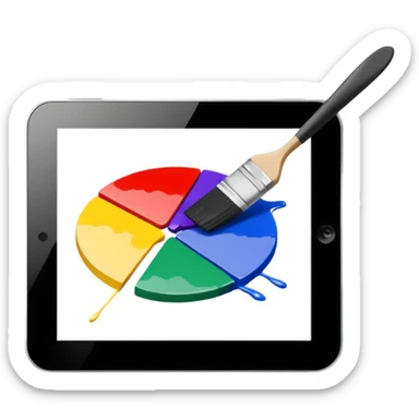 A simple graphic for digital art. A tablet dissolving into pixels with a paint brush or a pallet overlaid. No gradients. Just black on white. sticker