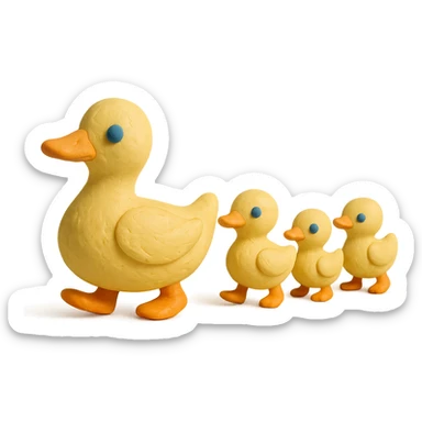 mother duck with ducklings following her, playful and cute, pastel colors, visible fingerprints, claymation style sticker