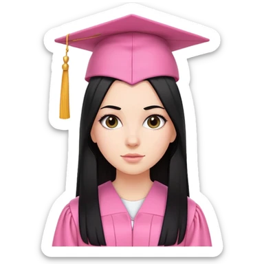White girl with very long straight black tine wearing pink graduation clothes sticker