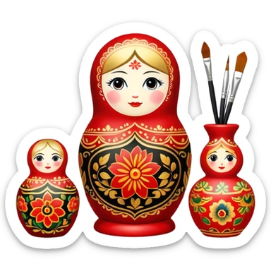 Wood painting icon, process of creating painted wooden matryoshkas (nesting dolls) of various sizes, vase, and small wooden box, visible carving tools, paintbrushes, traditional patterns in bright colors like red, gold, and black, no finished artwork, just the crafting process, minimalistic style, clean lines, transparent background. sticker