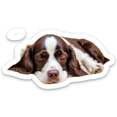 Meme-Worthy Cute Sleeping Springer Spaniel Portrait Emoji, Head resting peacefully with a contented smile, showcasing a delightfully agile build and a luxuriously soft liver and white Fur, eyes shut in a serene nap, Simplified yet hilariously adorable features, highly detailed, glowing with a soft, drowsy light, high shine, relaxed and utterly lovable, stylized with an air of playful laziness, bright and heartwarming, soft glowing outline, capturing the essence of a comically sleepy companion, so meme-worthy it feels like it could instantly become the next viral sensation of adorable slumber! sticker