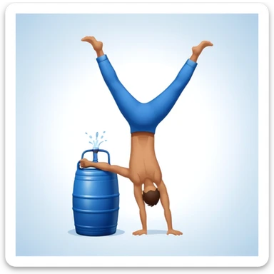 a person doing a handstand right next to a blue keg sticker