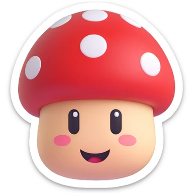 3D emoji style Mario Mushroom, rounded, shiny, red cap with white spots, cute face, soft shadows sticker