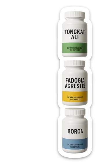 4 boccette di integratore: Tongkat Ali, Fadogia Agrestis, Boron e Zinco fluttuano in aria verticalmente sticker