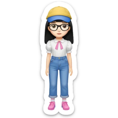 A yellow-skinned girl with long straight black hair, flat bangs, black frame glasses, a white puffy sleeve doll shirt, blue spacious jeans and pink shoes, and a black painter's hat，no yellow spikes. sticker