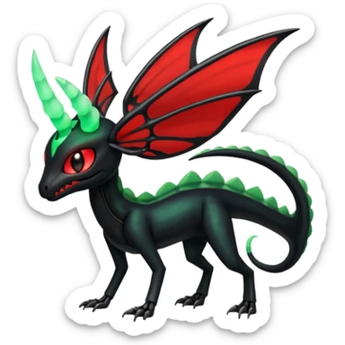 Horned Obsidian-black and neon-glowing-green skeletal Meloetta-Salandit-Gorebyss-Salazzle-Pokémon-Fakémon-creature-fusion-hybrid with glowing crimson-red evil slit eyes sticker