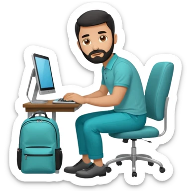 man with black short male hair and black hair and beard and hes in a office with his grey backpack on the floor and he has a tourquose polo shrit with gre dress pants and hes working at a hotel  hes on the co,ptuer  at his desk and he inly has one backpack its on the floo sticker