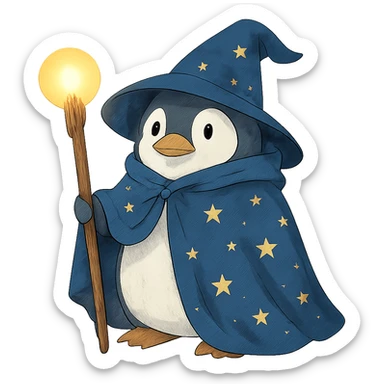 ghibli style penguin wizard with a starry cloak and glowing staff sticker