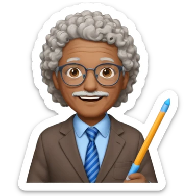 old man teacher, brown skin, curly grey white hai, wearing glasses, brown suit, blue tie hold chalk on hand sticker