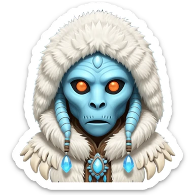 ancient arctic alien shaman portrait, head and shoulders only, Inuit-inspired fur hood, carved bone ornaments, glowing cosmic eyes, icy alien skin, spiritual sci-fi vibe, 3D cartoon, mobile game icon style, clean background, no text, no watermark


 sticker