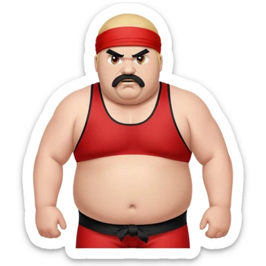 Close-up of morbidly obese white skin guy with young face, prominent BLACK DURAG tied clearly on head, distinct black beard and mustache, no muscle, black eyes in a red and black wrestling singlet with angry face sticker