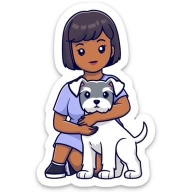 Black girl with short bangs holding a white schnauzer dog sticker