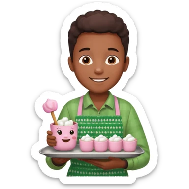 A young black vendor boy with pink cheeks, holding a tray of marshmallow-topped cocoa wearign green patterned apron sticker