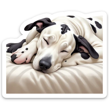 Meme-Worthy Cute Sleeping Harlequin Great Dane Portrait Emoji, Head resting peacefully with a contented smile, showcasing a delightfully majestic build and a luxuriously soft coat of predominantly white with bold black patches, eyes shut in a serene nap, Simplified yet hilariously adorable features, highly detailed, glowing with a soft, drowsy light, high shine, relaxed and utterly lovable, stylized with an air of playful laziness, bright and heartwarming, soft glowing outline, capturing the essence of a comically sleepy guardian, so meme-worthy it feels like it could instantly become the next viral sensation of adorable slumber! sticker