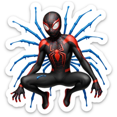 A stylized sticker of Miles Morales Spider-Man, urban graffiti art style, spray paint drips, neon accents. High contrast, cinematic lighting, thick white contour border, isolated on white background, sticker sheet aesthetic. sticker