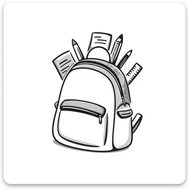 a backpack with pockets, zippers, and straps, containing school supplies like notebooks, pencils, and rulers peeking out, in pastel colors dd9fb0, ffc6d3, a3bfc9, c4bee2, f1b091, detailed hand-drawn doodle style sticker