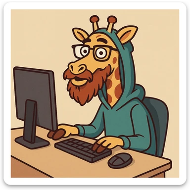 cartoon style illustration of a giraffe with a beard, glasses, and a hood, sitting at a computer, vibrant colors, playful and expressive sticker