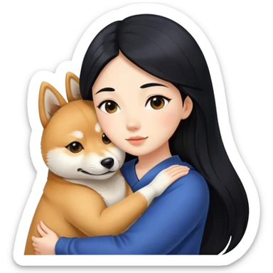 A beautiful girl with long black hair hugs a Shiba Lnu dog sticker