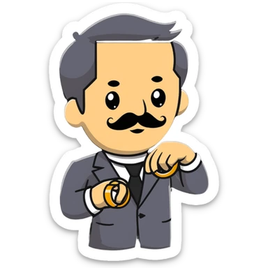 italian man Luigi Mangione with mustache wearing a large gold wedding band ring sticker