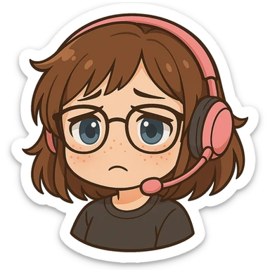 Chibi woman with shoulder length choppy brown hair, pink gaming headset, freckles, glasses, and blue eyes, sad expression, chibi stickers style, no background. sticker