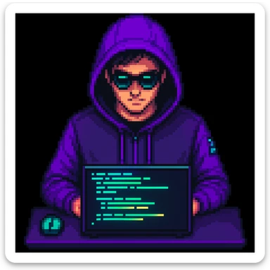 Make the pixel art hacker actively coding on a laptop, with glowing code on the screen, keep the pixel art style sticker