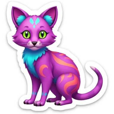 Neon-colored fantasy feline-marsupial-critter-vernid-fursona animal creature full body with intricate markings  sticker