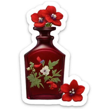 Dark red vintage French style perfume bottle with red delphiniums sticker