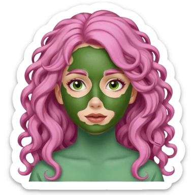 pink haired very long curly haired woman with full full face green clay mask sticker