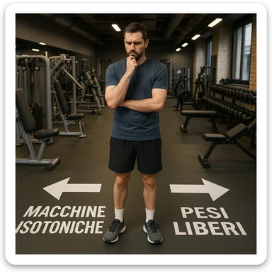 Realistic detailed scene of a man in a gym with an indecisive expression, observing two directional arrows on the floor: one towards isotonic machines, the other towards free weights, with Italian text, atmosphere of doubt, 4K quality. sticker