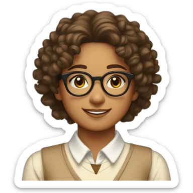 smiling indian teenage girl with curly hair and glasses wearing a collared long sleeve white shirt under a beige v shaped collar sweatervest with no buttons sticker
