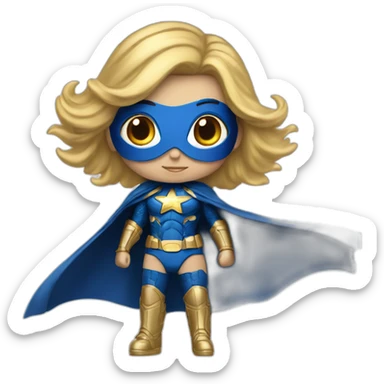 Super hero, girl, textured blue suit, blonde, gold shoulder pad armor, American Flag for a cape, flying, horizontal sticker