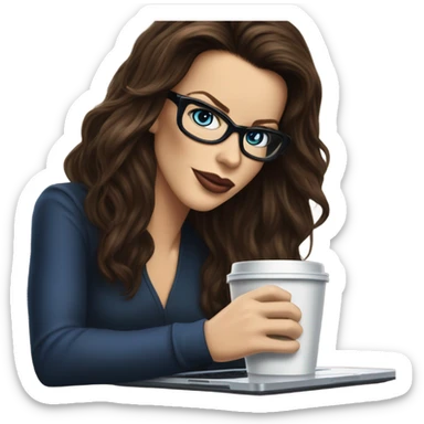 Hyper Realistic Kate Beckinsale dark blue eyes wearing glasses drinking coffee at a laptop  sticker
