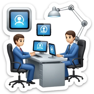 Digital Labour as an example of Agents at work in a workplace setting. I want to see a traditional office worker and a support co worker that is an AI Agent [Not a Robot]. sticker